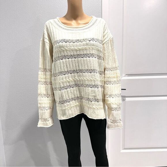 Zara Womens Sweater Ivory Pullover Lace Striped Long Sleeve Round Neck Size M - Picture 4 of 7